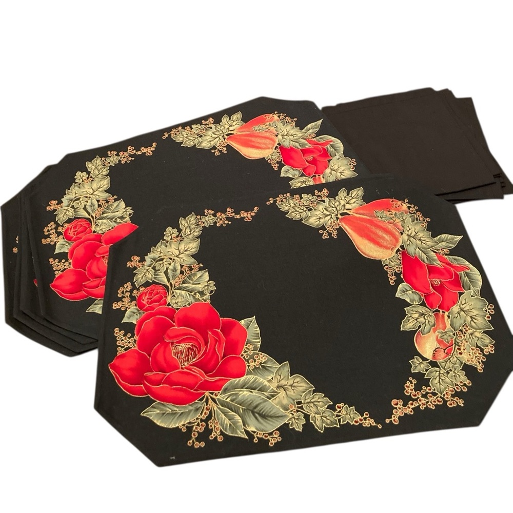 Vintage Handmade Floral Black Cloth Placemats Set of 6 with 6 napkins